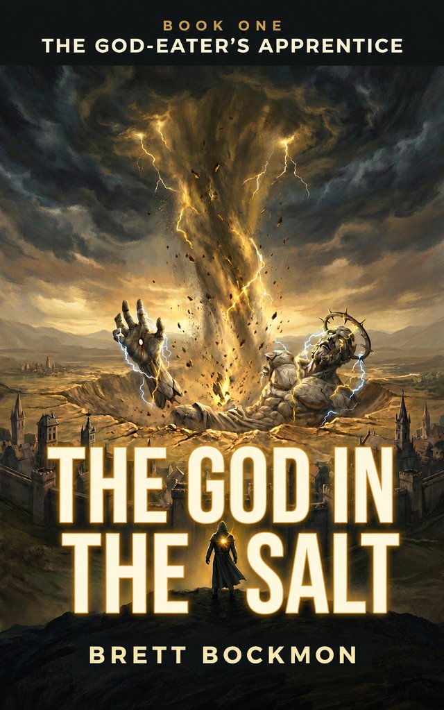 Cover of The God in the Salt: a hooded figure on a ridge below a storm, a giant stone god breaking out of the salt flats.
