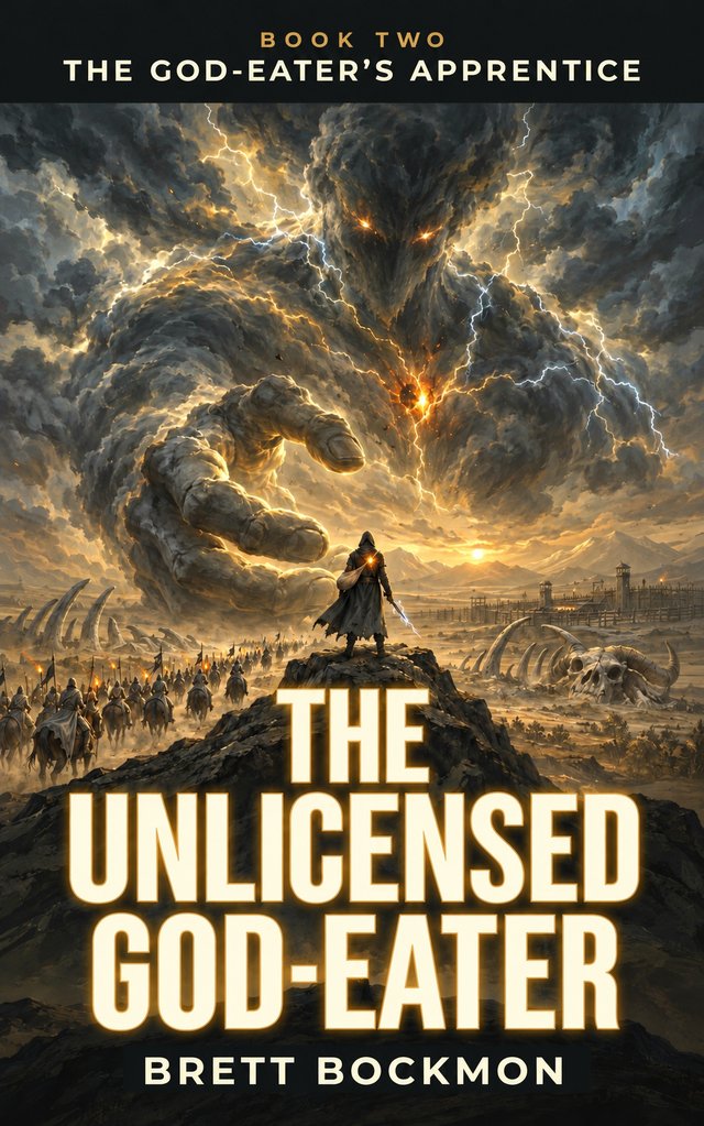 Cover of The Unlicensed God-Eater: a hooded figure on a ridge as a vast god made of storm cloud reaches down toward him, riders with torches on the plain below.